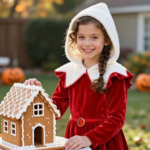 Photograph of a smiling young girl with curly brown hair, wearing a red velvet Santa dress with white fur trim, holding a gingerbread house in a