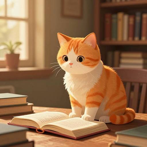 Whimsical Tabby Cat in Vintage Library