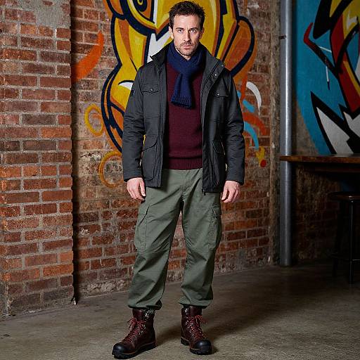 Photograph of a bearded man in a black jacket, dark scarf, maroon sweater, olive cargo pants, and brown boots, standing in a