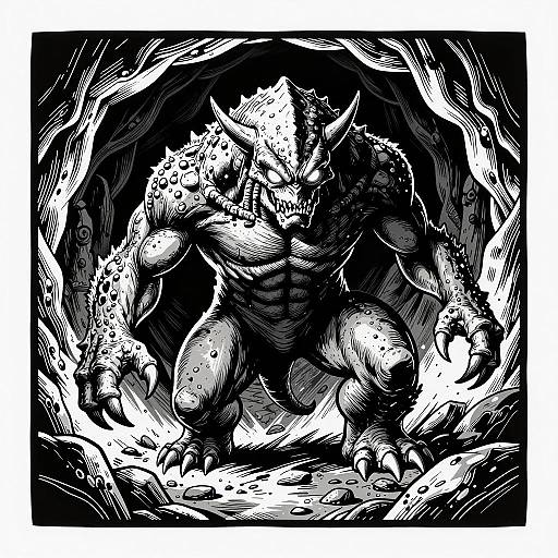 Linocut Style Monster in Cavern