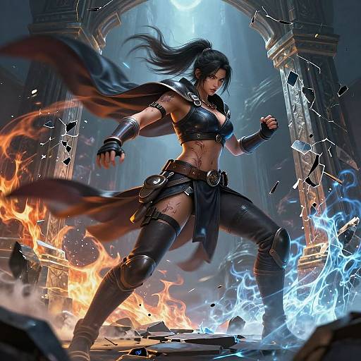Digital artwork of a fierce, tattooed, dark-haired warrior woman with black armor and cape, fighting amidst fiery and electric blue flames in a crumbling,