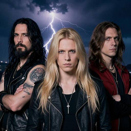 Dynamic Rock Musicians Under Stormy Skies