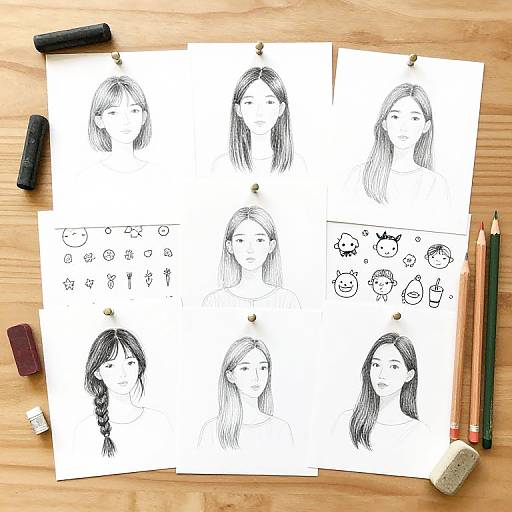 Photograph of six black-and-white sketch sheets on wooden table, featuring various face drawings and simple doodles, with pencils and eraser nearby.