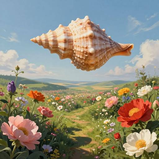 Photorealistic CGI of a large, pink and brown conch shell floating above a vibrant, colorful flower meadow with a clear blue sky and distant