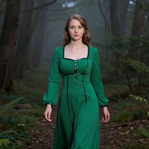 Photograph of a young woman with fair skin and brown hair, wearing a green dress with black buttons, standing in a misty forest.