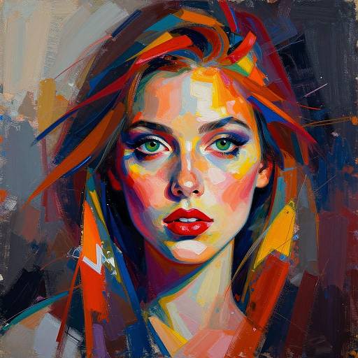 Vibrant, expressionistic digital painting of a woman with striking green eyes, red lips, and multi-colored, chaotic hair against a dark background.