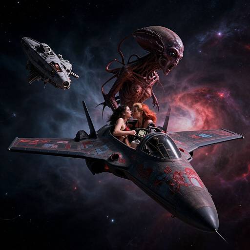 Digital art: A red-haired woman with large breasts and a black leather outfit rides a dark, red-marked jet, pursued by a UFO, with