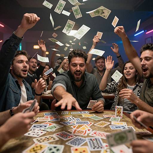 Photograph of a lively group of diverse young adults celebrating at a poker table, cards flying, money in the air, expressions of excitement and joy.