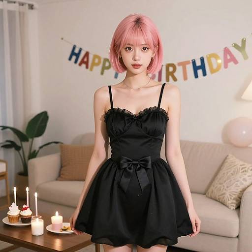 Photograph of a young woman with pink bob hair in a black, frilled, spaghetti-strap dress, standing in a brightly lit living room with