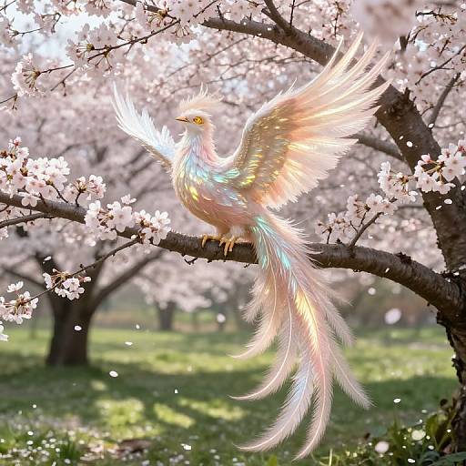 Digital illustration of a mythical, iridescent bird with rainbow feathers perched on a cherry blossom branch, surrounded by blooming trees.