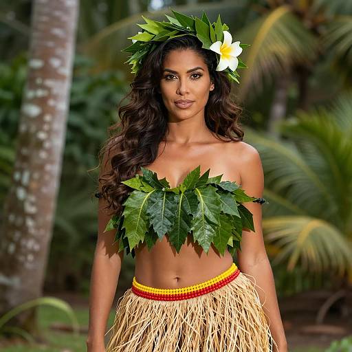 Elegant Woman in Tropical Hula Costume