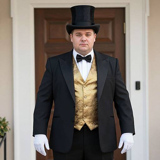 Photograph of a middle-aged man in black tuxedo, gold vest, black bow tie, white gloves, and black top hat, standing in