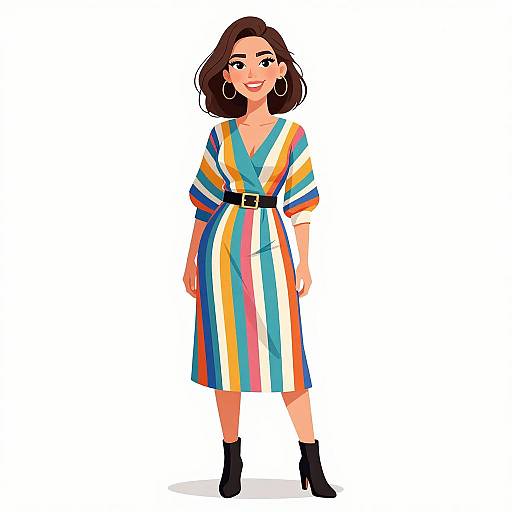 Digital illustration of a smiling woman with short brown hair, wearing a colorful striped dress, black belt, hoop earrings, and black ankle boots.