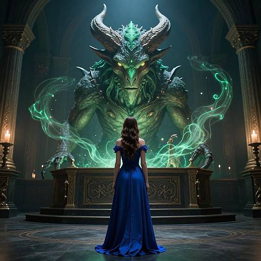 Digital artwork of a woman in a blue dress facing a glowing, horned dragon on an ornate altar in a dark, gothic cathedral.
