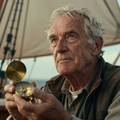 Photograph of an elderly man with white hair, wrinkles, and blue eyes, holding an open brass compass, under a tent.
