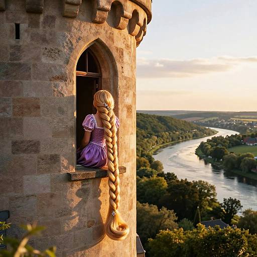 Rapunzel in Medieval Tower at Sunset