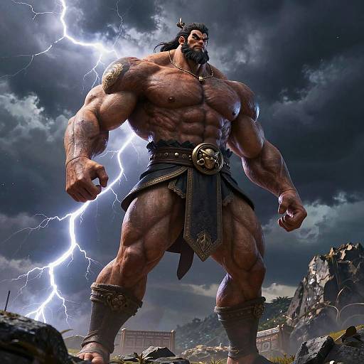Colossal Muscular Warrior in Thunderstorm