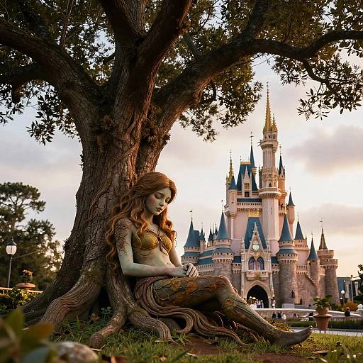 A fairytale mermaid with long red hair, golden armor, and scaled legs sits under a large tree, gazing at a majestic castle in