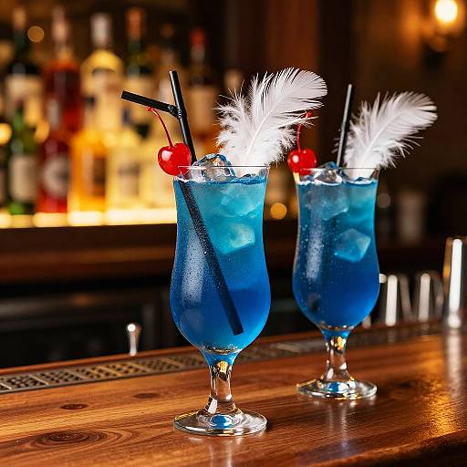 Photograph of two vibrant blue cocktails with white feather garnishes, red cherries, black straws, on a wooden bar counter in a dimly