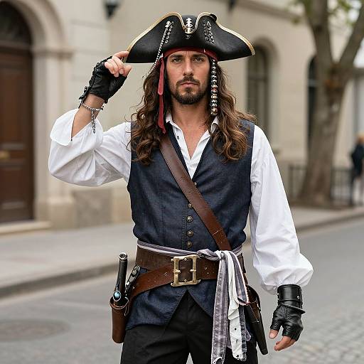 Photograph of a bearded man with long brown hair, wearing a pirate hat, white shirt, black vest, and fingerless gloves, standing on