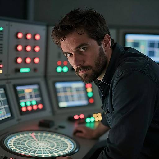 Intense Man at Control Panel Photo