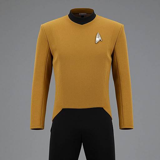 Photograph of a mustard-yellow long-sleeve shirt with black trim, featuring a white, triangular Star Trek logo on the chest, against a plain