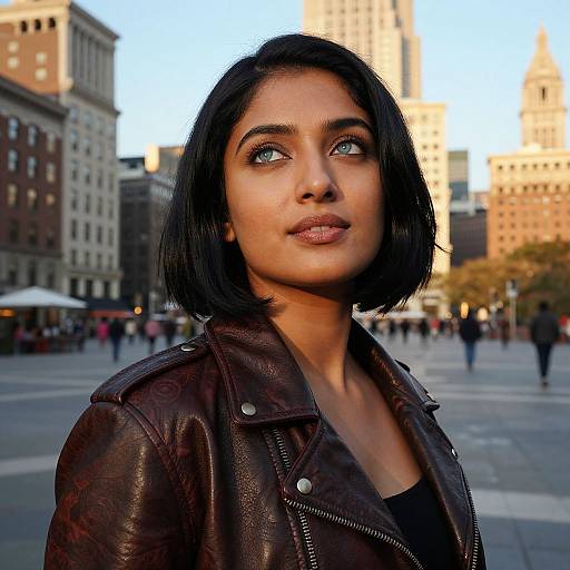 Photograph of a young woman with medium brown skin, black bob haircut, blue eyes, wearing a black leather jacket, looking up thoughtfully in a