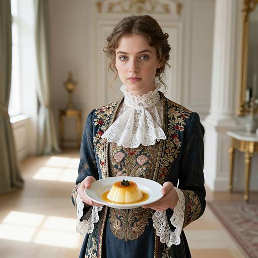 Photograph of a young woman with fair skin and brown hair in an ornate, Victorian-style navy dress, holding a plate with a small, golden