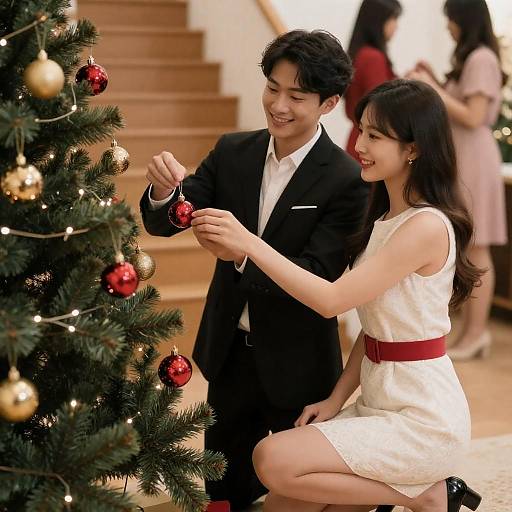 Festive Christmas Tree Decorating Scene