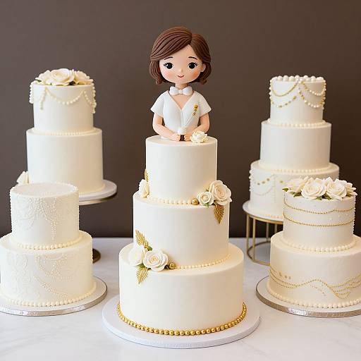 Photograph of four white, intricately decorated, tiered cakes with pearl and rose details, topped with a brown-haired cake topper bride.