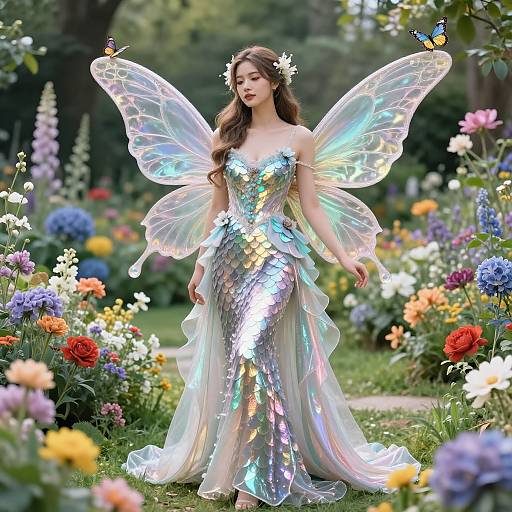 Photograph of a fair-skinned, brunette fairy woman with iridescent wings, wearing a shimmering silver gown, standing in a vibrant, colorful