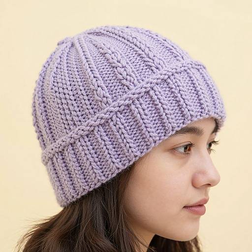 Photograph of a young woman with fair skin and dark brown hair, wearing a light purple, textured, knitted winter hat, profile view against a