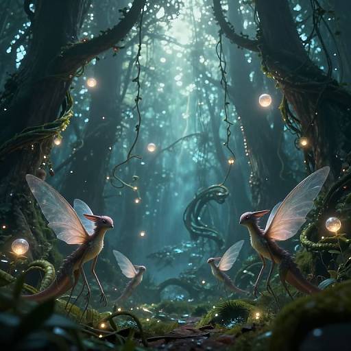 Digital fantasy artwork of two glowing fairy-like creatures with translucent wings facing each other in a mystical, moonlit forest.