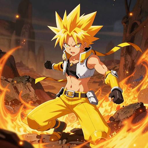 Digital anime-style drawing of a spiky-haired, yellow-eyed character with fiery blond hair, wearing yellow pants and a white crop top, kneeling amidst flames
