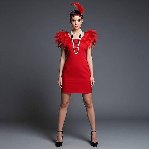 Elegant Female Model in Red Feathers