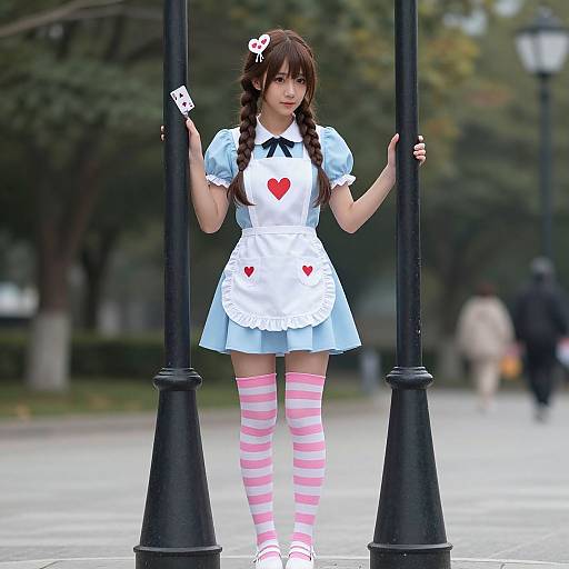 Photograph of an anime-style young woman in a blue and white maid outfit with pink striped stockings, standing between black lampposts in a park