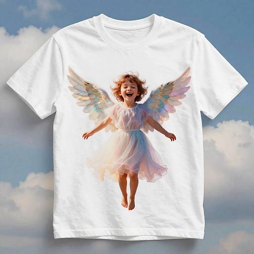 Photograph of a white T-shirt featuring a digital illustration of a smiling, angelic child with colorful wings, floating against a blue sky with fluffy clouds