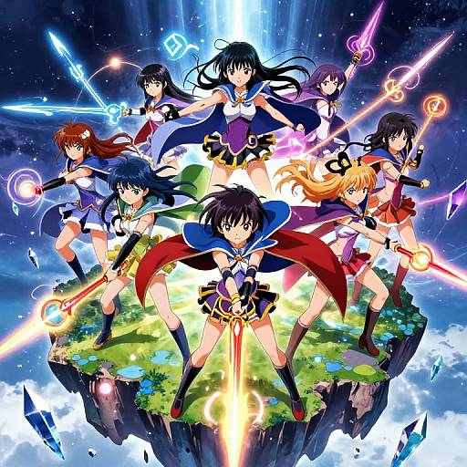 Digital anime-style illustration of seven magical girls with varied outfits and weapons standing on a floating island, glowing with energy.