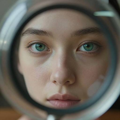 Photograph of a close-up female face with green eyes, focused through a magnifying glass, highlighting her intense gaze and smooth skin.