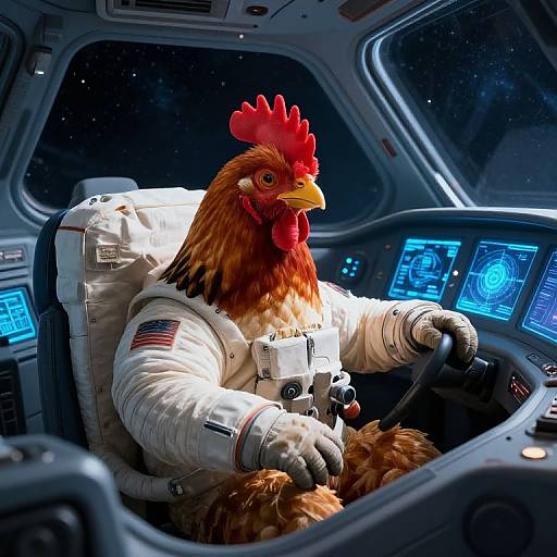 Photorealistic digital art of a chicken in a NASA spacesuit, flying a spaceship cockpit with glowing blue control panels.