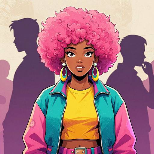 Digital art of a confident Black woman with pink afro, wearing a yellow top, blue and pink jacket, large hoop earrings, against a purple silhouette