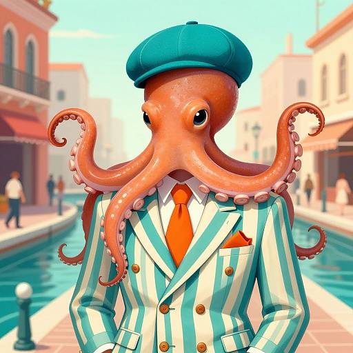 Digital illustration of an anthropomorphic orange octopus in a teal beret, white and teal striped suit, and orange tie, standing on a sunny canal