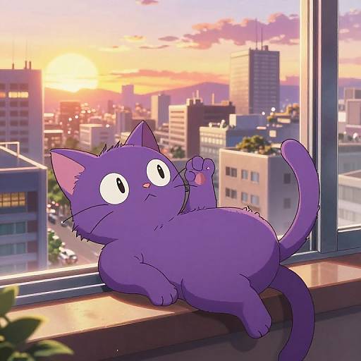 Digital anime-style drawing of a purple cat with wide eyes, lying on a windowsill, looking at a sunset cityscape.