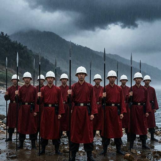 Soldiers in Red Robes on Rainy Shore