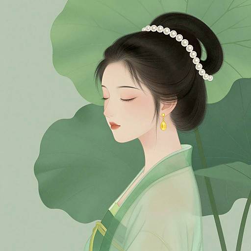 Serene East Asian Woman in Green Dress with Pearls