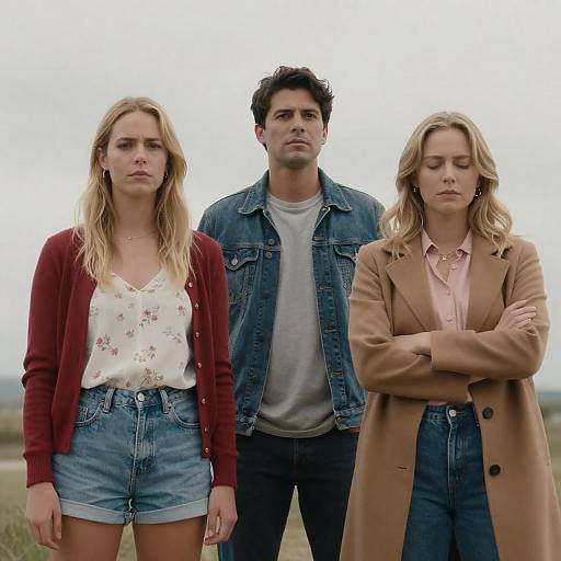 Three People Posing Against Cloudy Sky