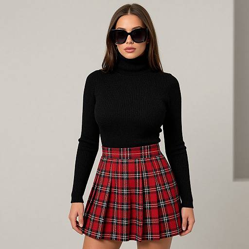 Photograph of a woman with long brown hair, wearing black sunglasses, black ribbed turtleneck, and red plaid pleated skirt, standing