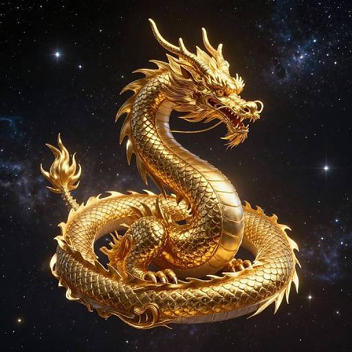 Digital artwork of a shimmering golden dragon with intricate scales, sharp horns, and fiery tail, coiled in space against a starry background.