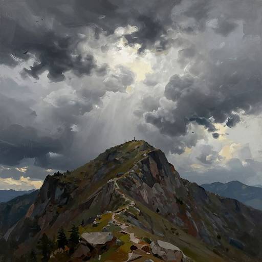 Digital painting of a mountain peak with a lone figure standing at the summit, under a dramatic, cloud-filled sky with sunlight breaking through.