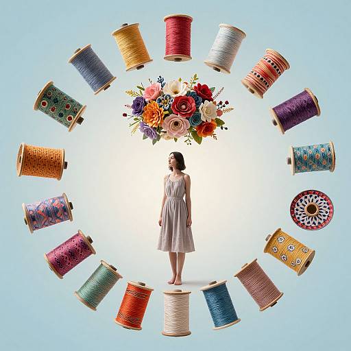 Photograph of a woman in a white dress standing center, surrounded by colorful spools of thread and a vibrant floral bouquet, against a light blue background